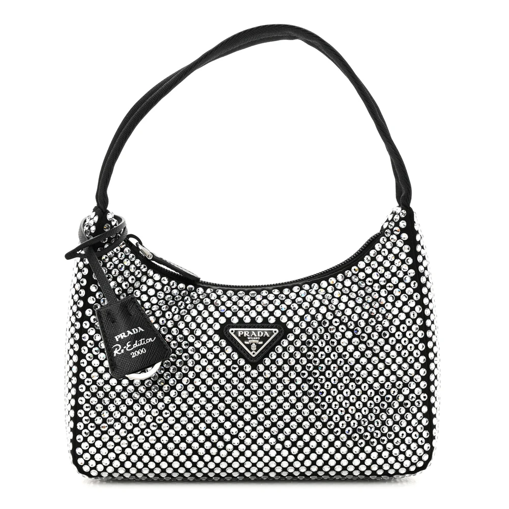 Prada Cristal Satin & Crystal Mini Re-Edition 2000 Bag Silver Hardware Front Replica handbags