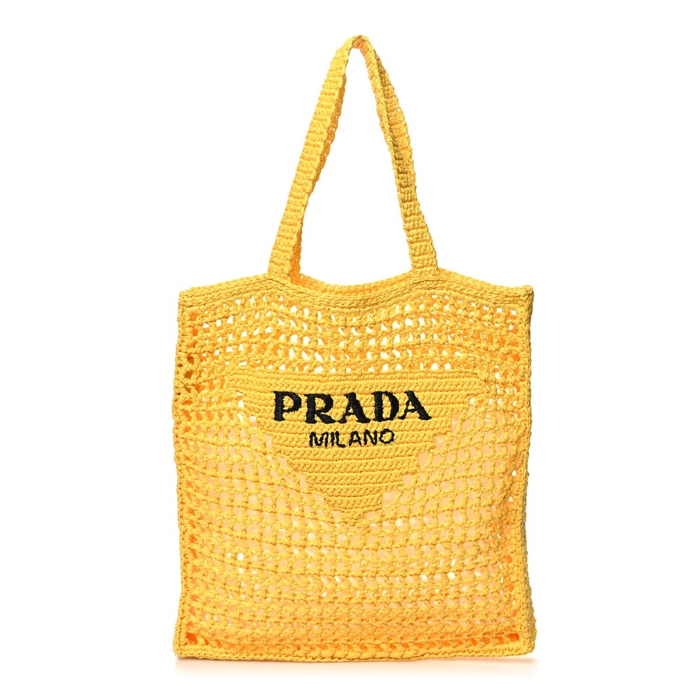Prada Giallo Yarn Raffia Large Effect Crochet Logo Embroidered Tote Bag Front Replica Hand bags
