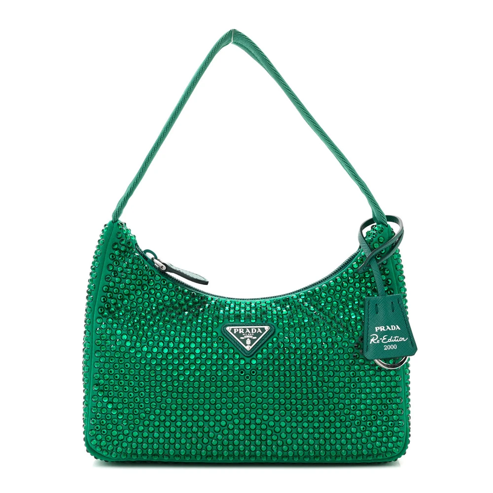 Prada Green Satin & Crystal Mini Re-Edition 2000 Bag Silver Hardware Front Replica handbags