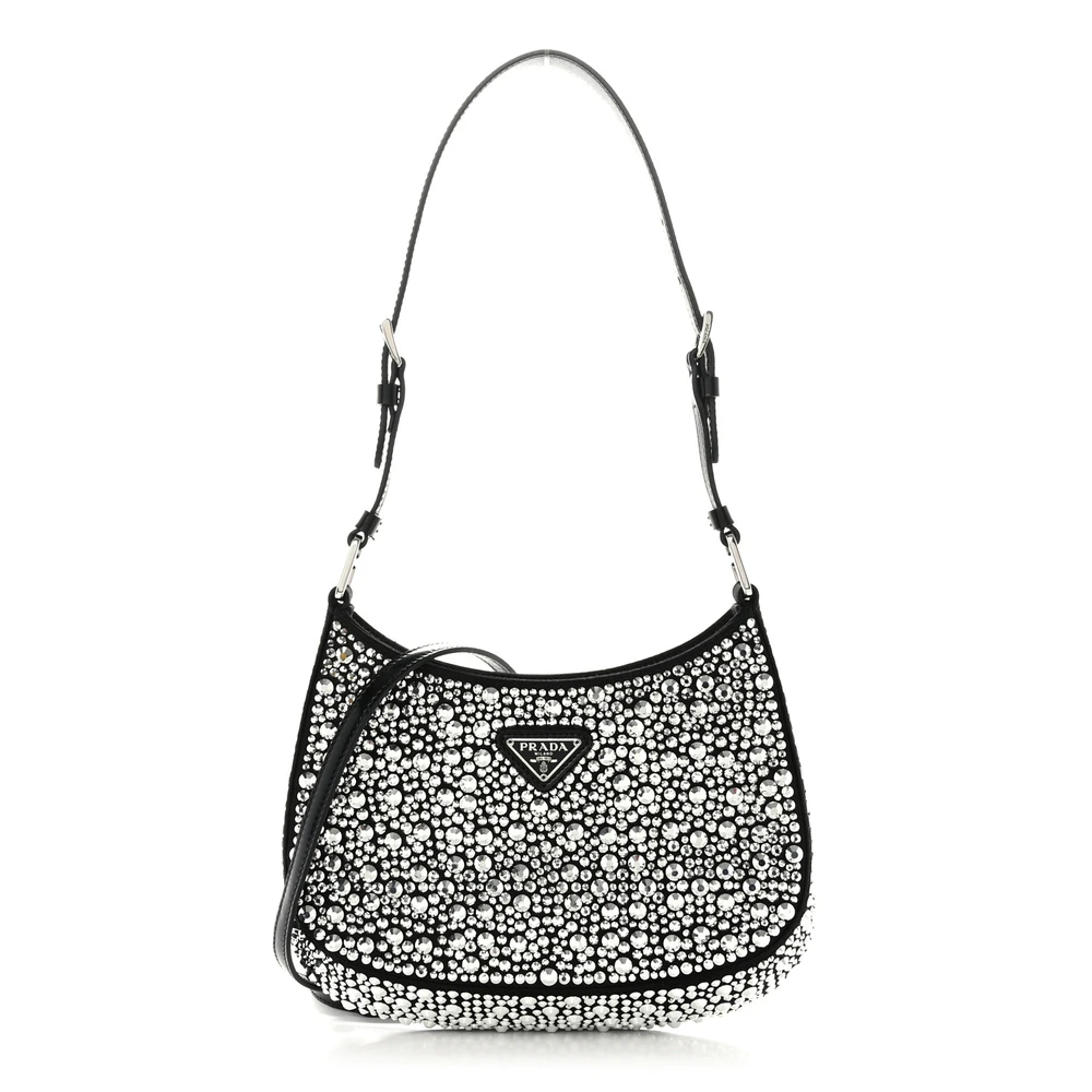 Prada Metal Satin & Crystal Medium Cleo Adjustable Strap Shoulder Bag Silver Hardware Front Replica handbags