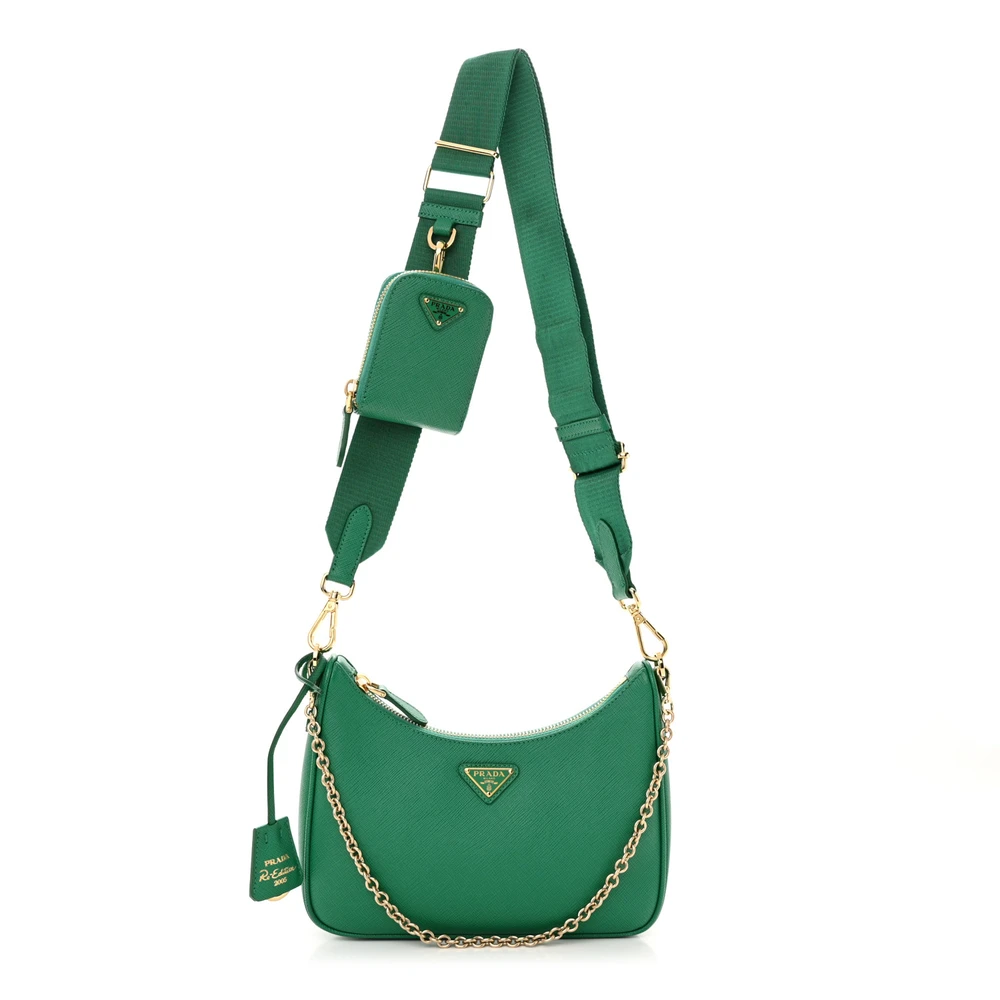 Prada Mint Saffiano Lux Leather Medium Re-Edition 2005 Shoulder Bag Gold Hardware Front Replica handbags