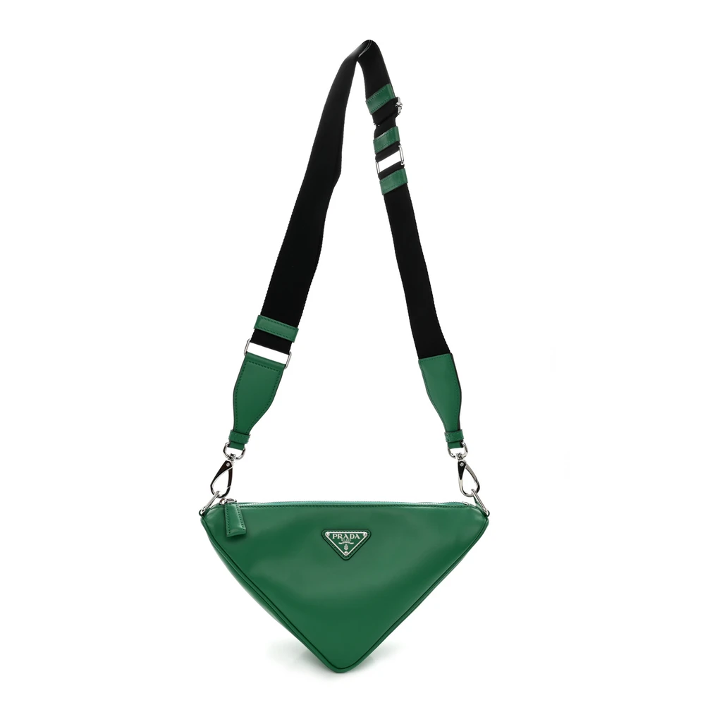 Prada MintBlack Grace Lux Leather Medium Triangle Shoulder Bag Silver Hardware Front Replica handbags
