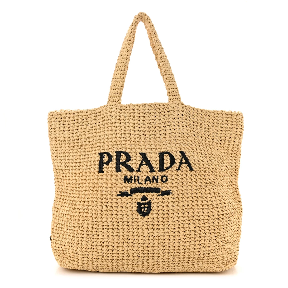 Prada Naturale Yarn Raffia Large Effect Crochet Embroidered Logo Tote Bag Front Replica handbags