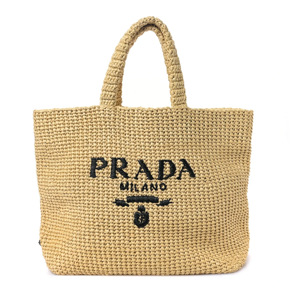 Prada Naturale Yarn Raffia Large Effect Crochet Embroidered Logo Tote Bag Front Replica handbags