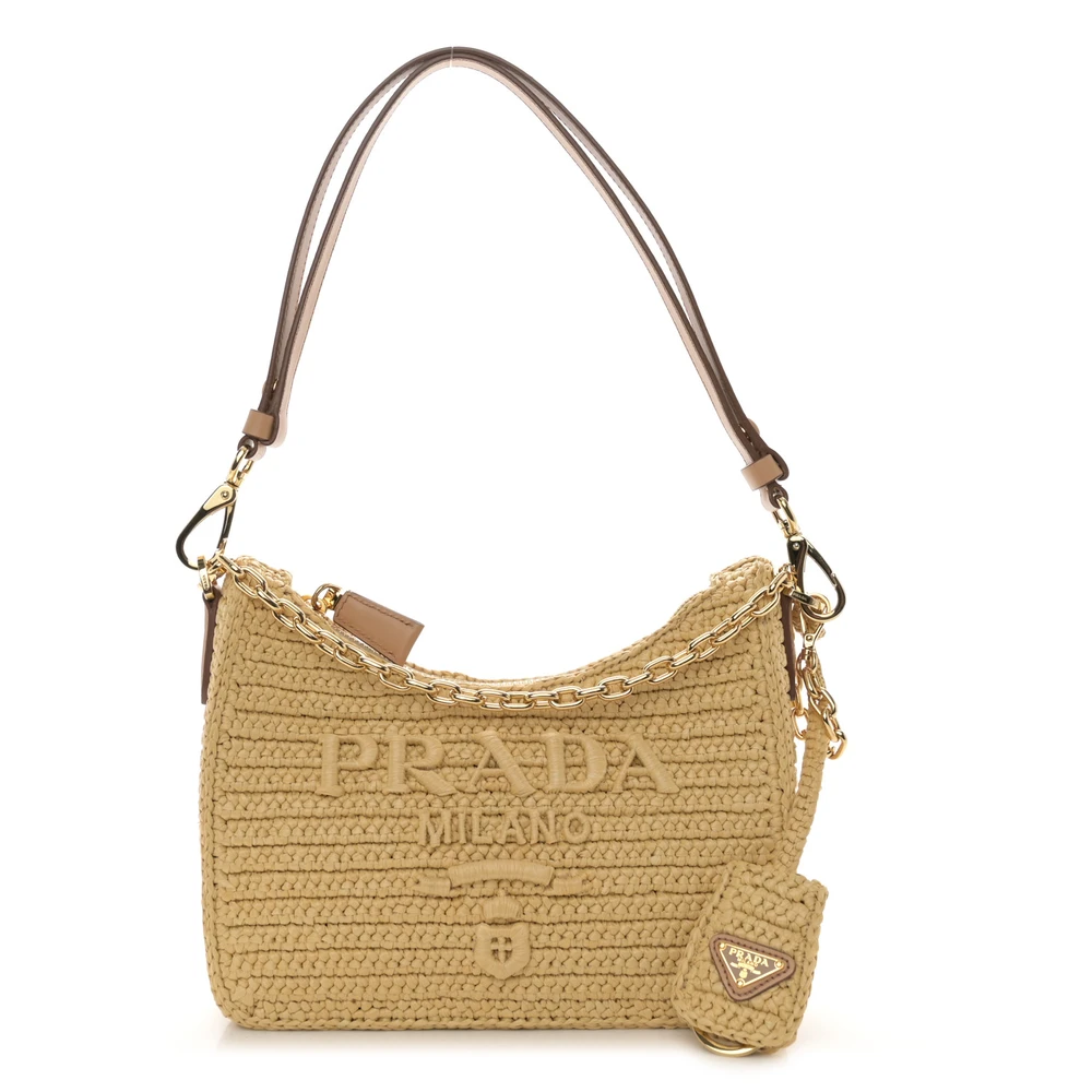 Prada Naturale Yarn Raffia Mini Effect Crochet Re-Edition 2000 Shoulder Bag Gold Hardware Front Replica handbags