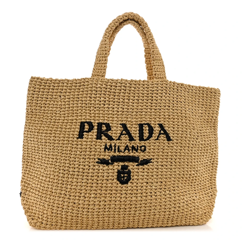 Prada NaturaleBlack Yarn Raffia Large Effect Crochet Embroidered Logo Tote Front Replica handbags