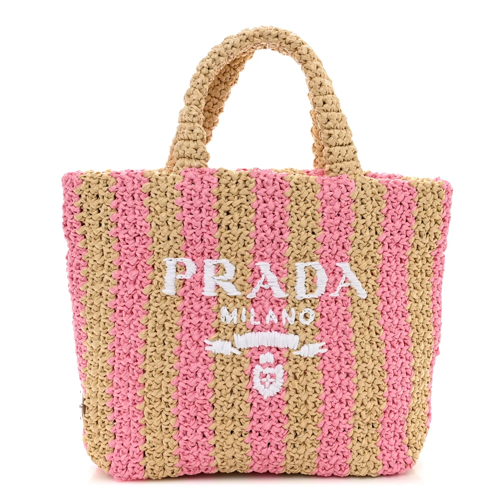 Prada NaturalePetalo Yarn Raffia Small Effect Crochet Striped Logo Tote Front Replica handbags