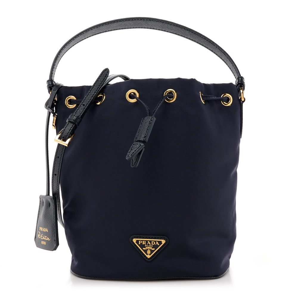 Prada Navy Re-Nylon & Saffiano Leather Mini Re-Edition 1978 Bucket Bag Front Replica handbags