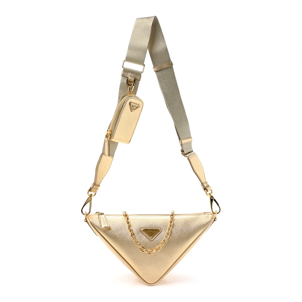 Prada Platino Saffiano Lux Leather Medium Triangle Shoulder Bag Gold Hardware Front Replica handbags