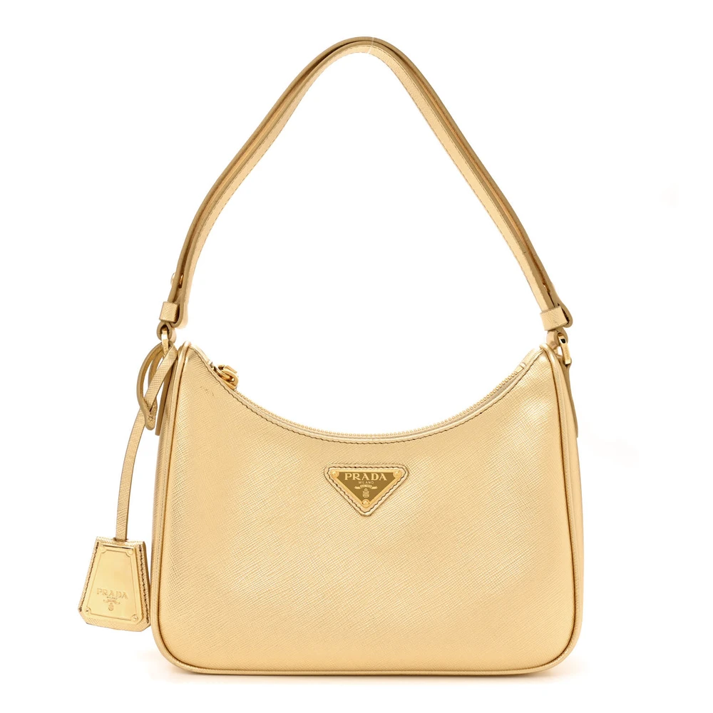 Prada Platino Saffiano Lux Leather Mini Re-Edition Shoulder Bag Gold Hardware Front Replica handbags