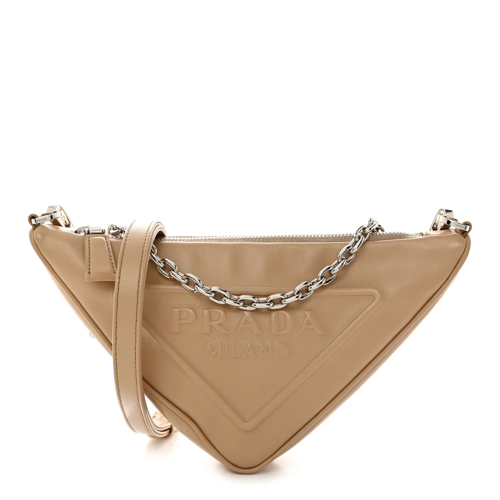 Prada Sabbia Grace Lux Leather Mini Triangle Logo Embossed Triangle Bag Silver Hardware Front Replica handbags