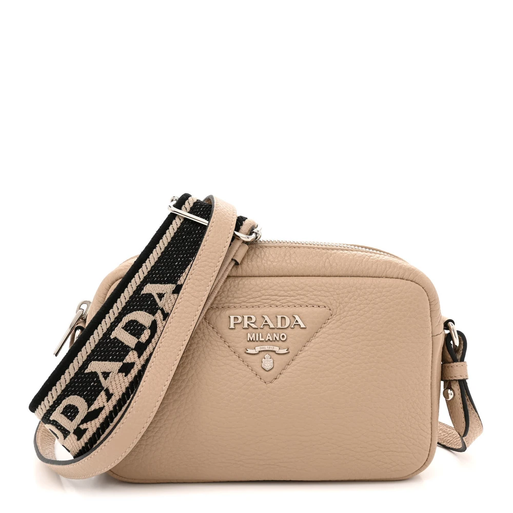 Prada Sand Vitello Daino Leather Small Camera Crossbody Bag Silver Hardware Front Replica handbags