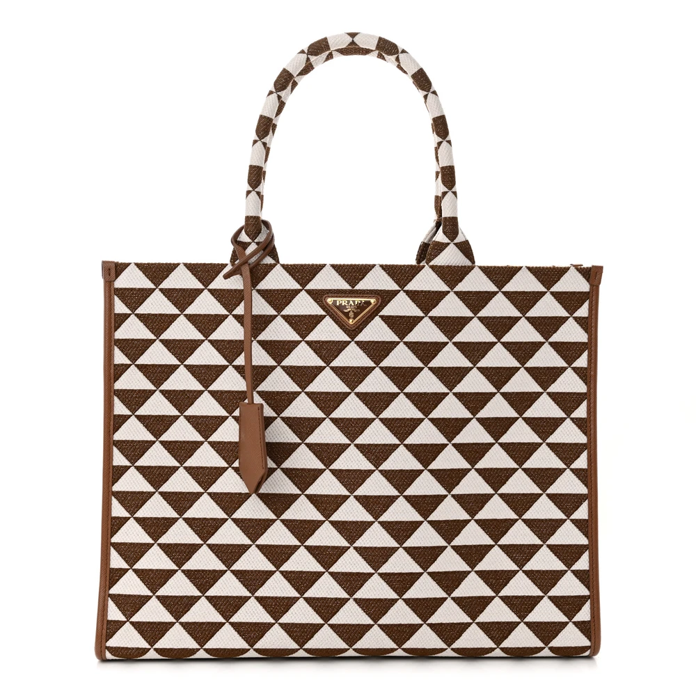 Prada TobaccoTalco Jacquard Saffiano Leather Large Triangolo Symbole Embroidered Tote Front Replica handbags