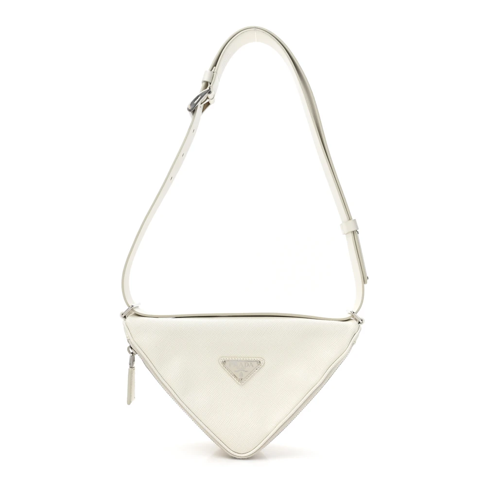 Prada White Saffiano Leather Small Triangle Shoulder Belt Bag Silver Hardware Front Replica handbags
