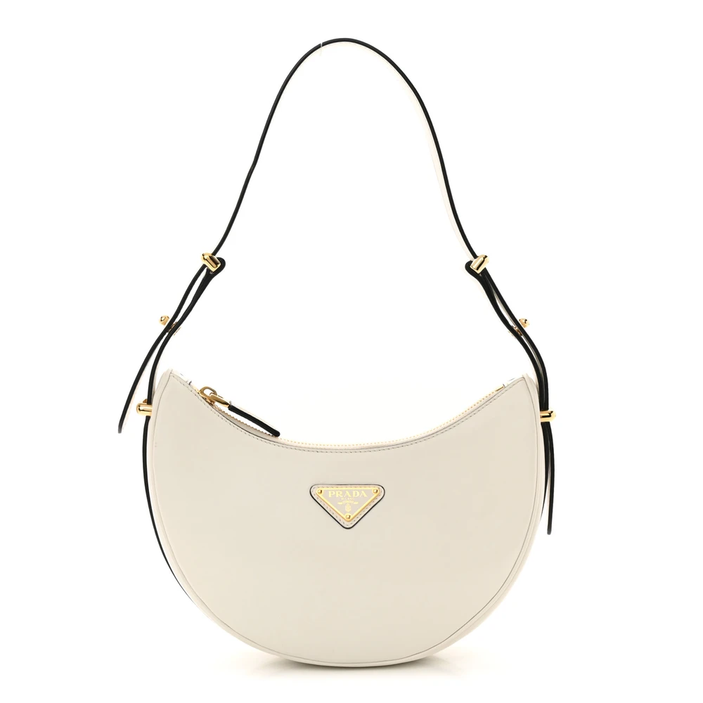 Prada White Soft Calfskin Leather Medium Arque Shoulder Bag Gold Hardware Front Replica handbags