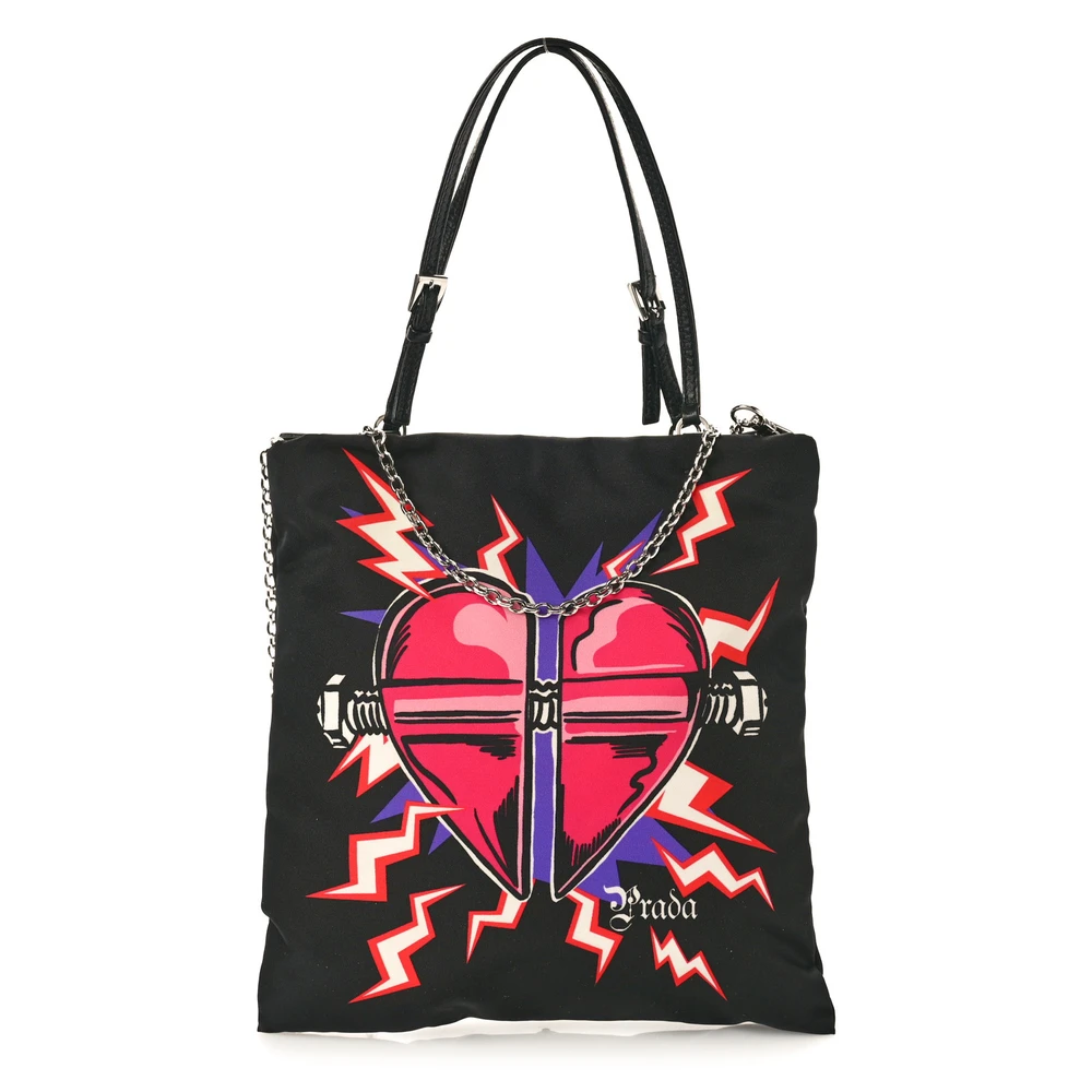 Prada X Universal Studios BlackTessuto Nylon & Soft Calfskin Leather Small Frankenstein Heart Chain Shopping Tote Silver Hardware Front Replica handbags