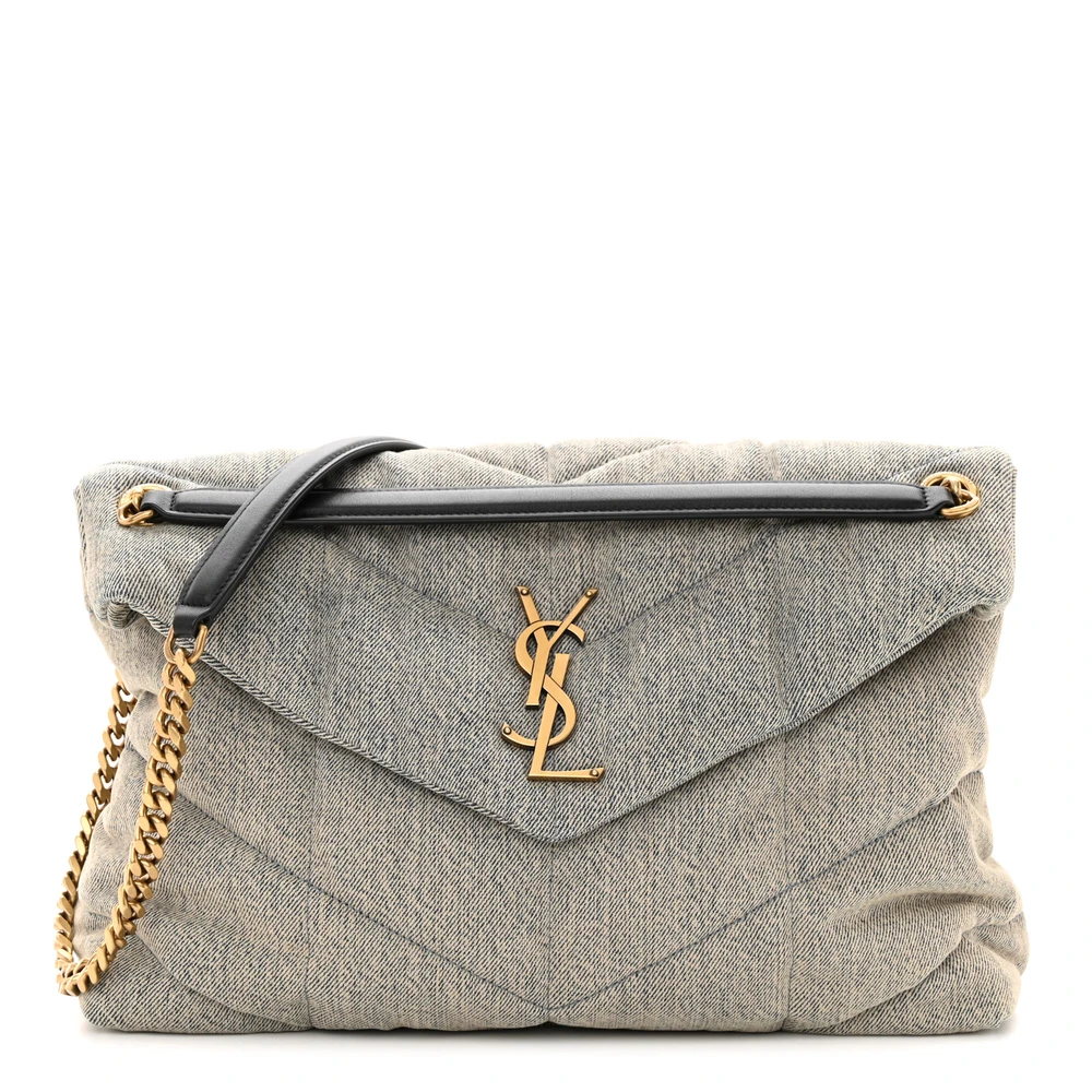 Saint Laurent Azur Quilted Puffer Monogram Denim Medium Loulou Chain Satchel Aged Gold Hardware Front replica handbag