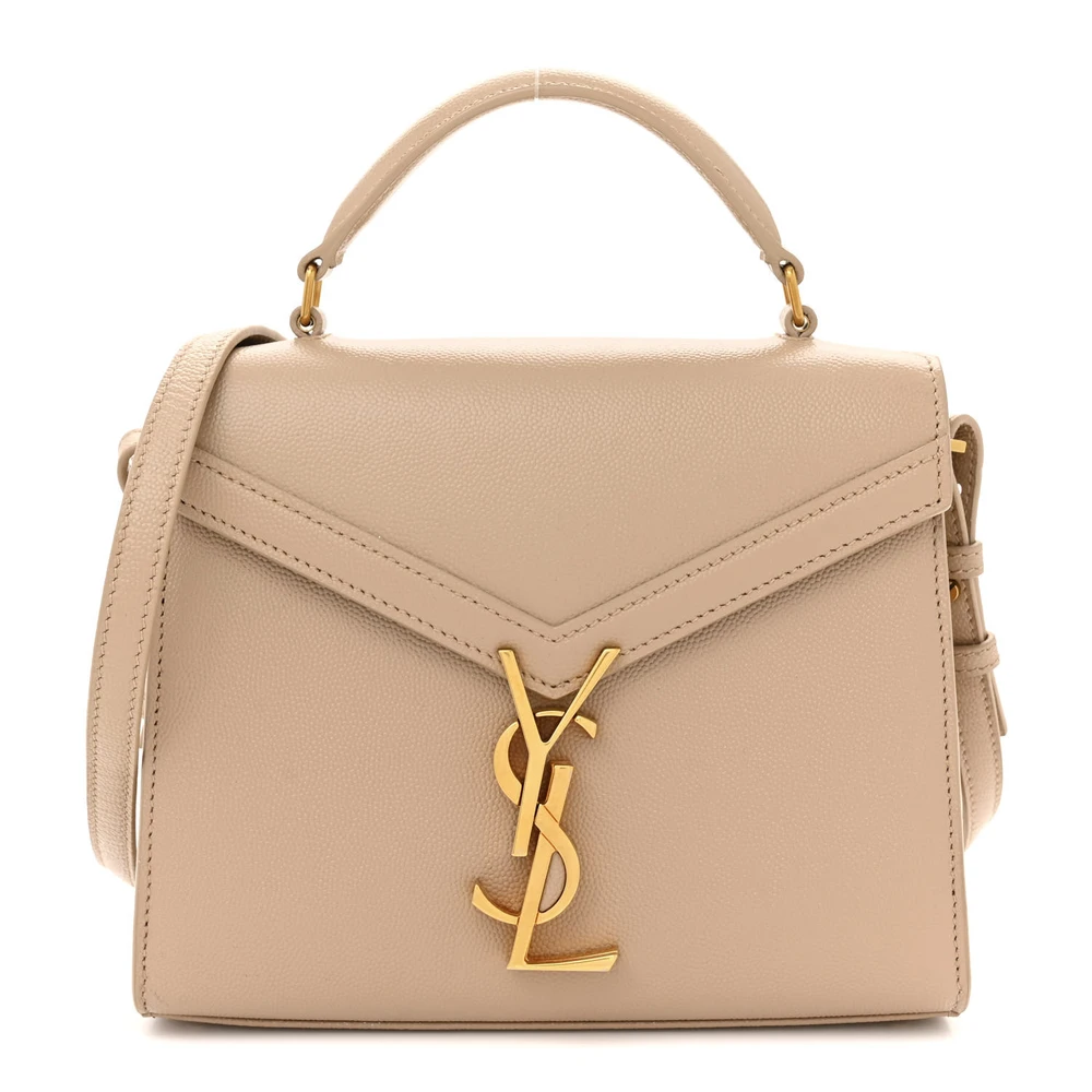 Saint Laurent Beige Classic Monogram Grain De Poudre Leather Mini Cassandra Top Handle Aged Gold Hardware Front replica handbag