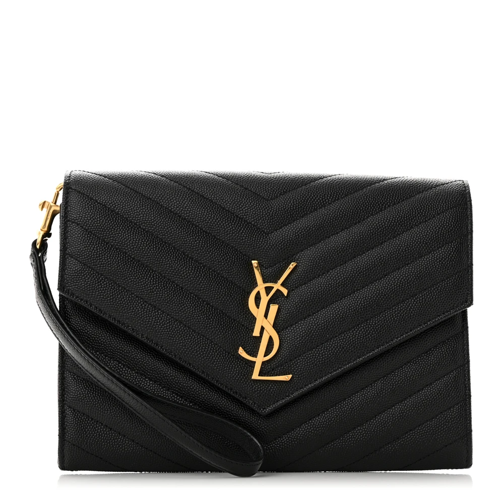 Saint Laurent Black Chevron Monogram Grain De Poudre Matelasse Leather Medium Envelope Clutch Gold Hardware Front replica handbag