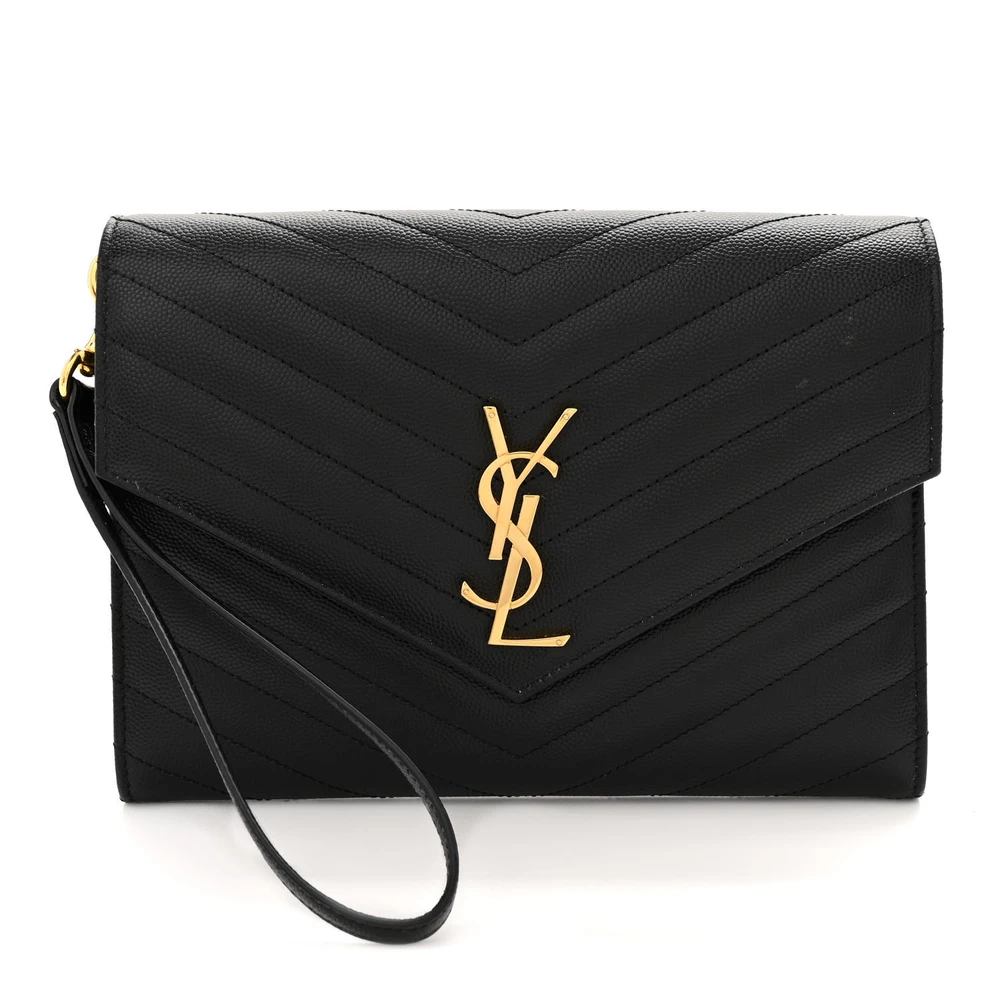 Saint Laurent Black Chevron Monogram Grain De Poudre Matelasse Leather Medium Envelope Clutch Gold Hardware Front replica handbag