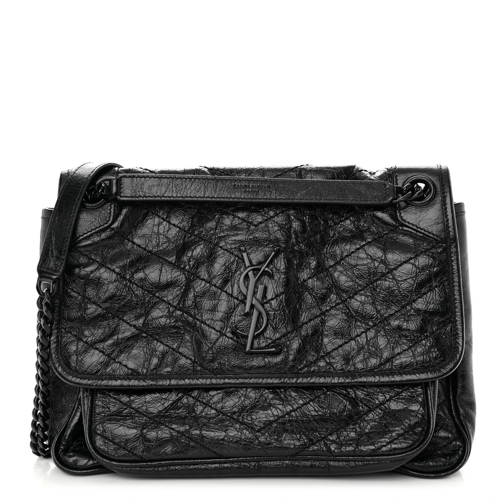 Saint Laurent Black Crinkled Monogram Calfskin Matelasse Leather Medium Niki Chain Satchel Black Hardware Front replica handbag