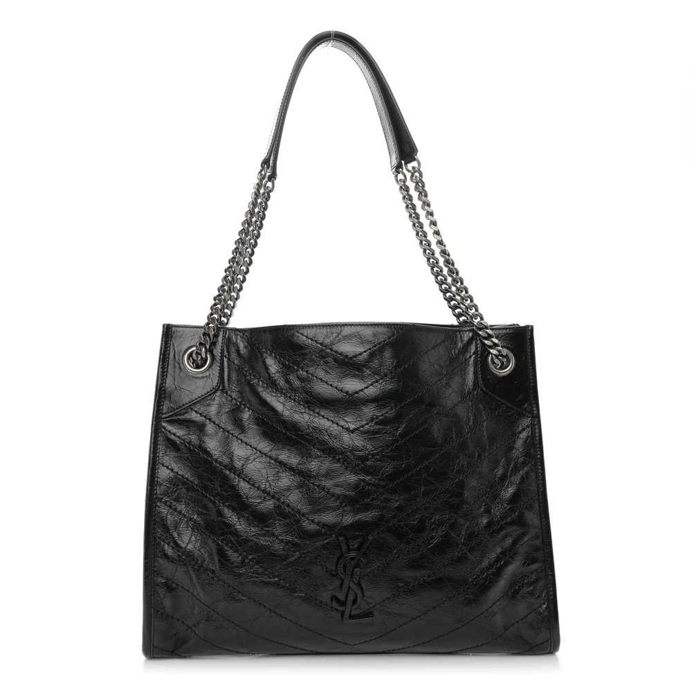 Saint Laurent Black Crinkled Monogram Calfskin Matelasse Leather Medium Niki Shopper Tote Silver Hardware Front replica handbag