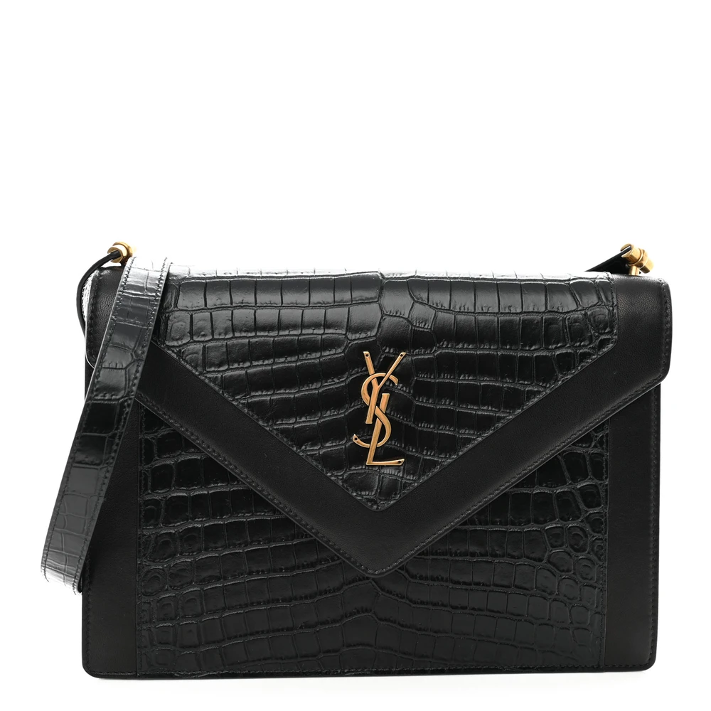 Saint Laurent Black Embossed Calfskin & Crocodile Leather Medium Gaby Satchel Aged Gold Hardware Front Saint Laurent Black Embossed Calfskin & Crocodile Leather Medium Gaby Satchel Aged Gold Hardware Front