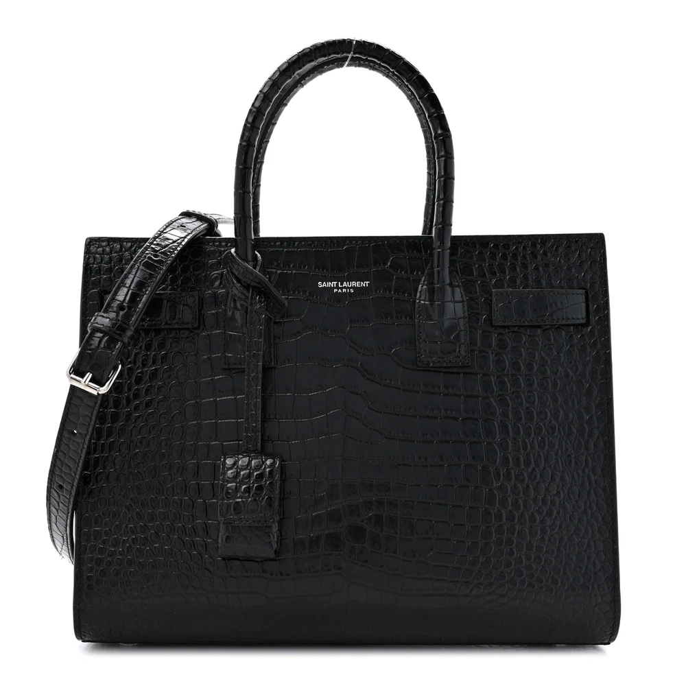 Saint Laurent Black Embossed Calfskin & Crocodile Leather Small Sac De Jour Silver Hardware Front replica handbag