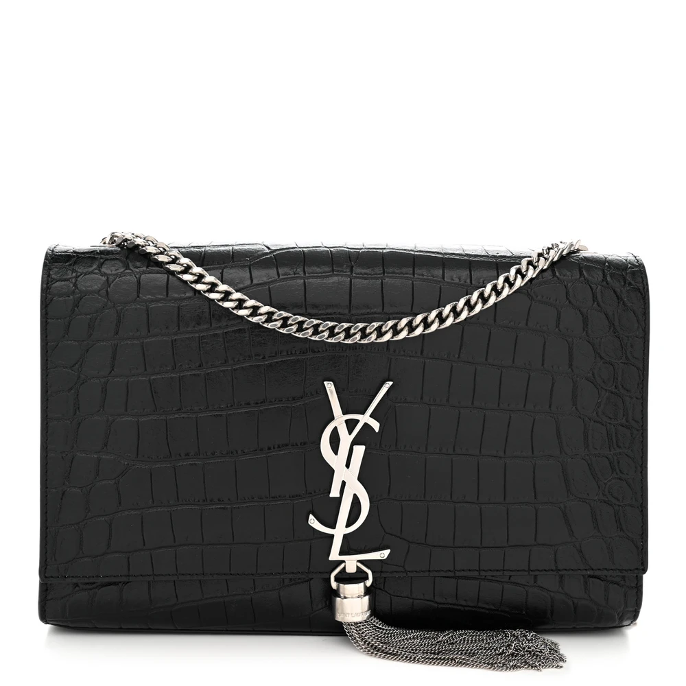 Saint Laurent Black Embossed Classic Monogram Calfskin & Crocodile Leather Medium Kate Tassel Satchel Silver Hardware Front replica handbag