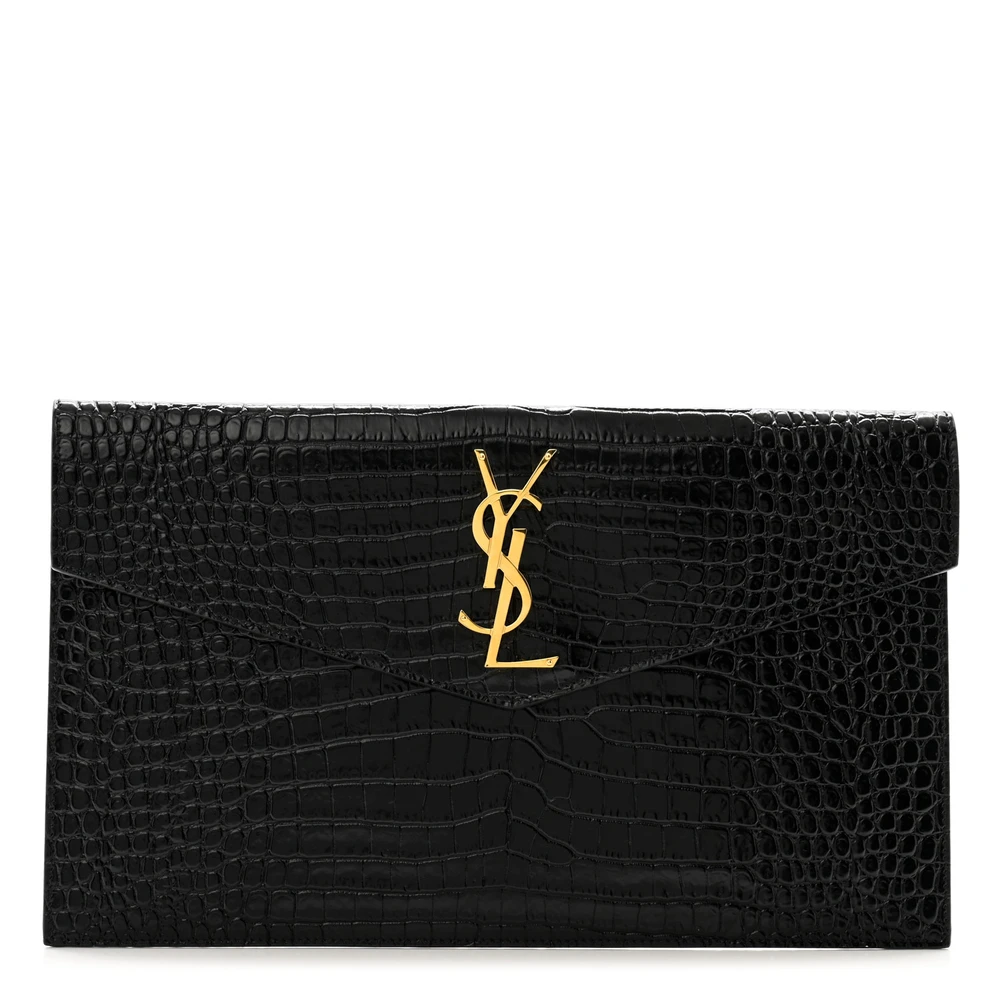 Saint Laurent Black Embossed Monogram Calfskin & Crocodile Leather Medium Uptown Clutch Gold Hardware Front replica handbag