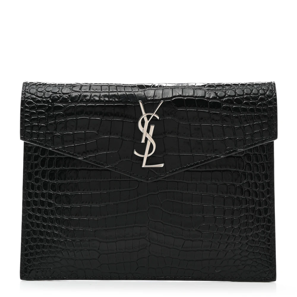 Saint Laurent Black Embossed Monogram Calfskin & Crocodile Leather Small Uptown Pouch Silver Hardware Front replica handbag