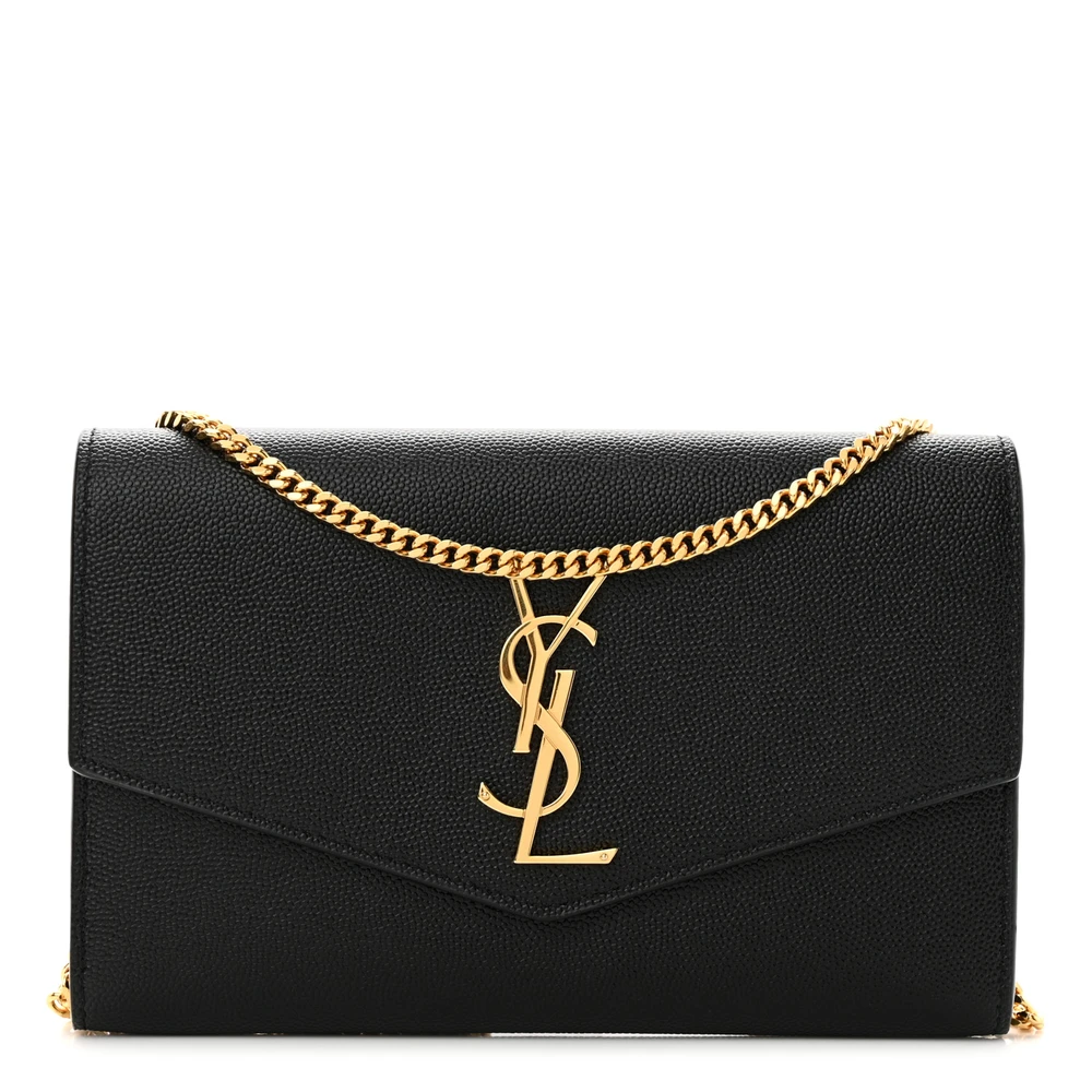 Saint Laurent Black Grain De Poudre Leather Small Uptown Chain Wallet Gold Hardware Front replica handbag