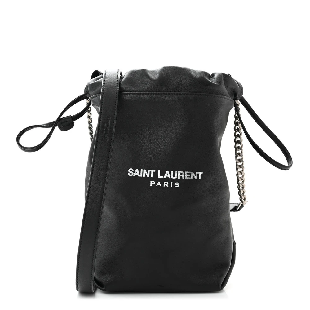Saint Laurent Black Lambskin Leather Small Teddy Bucket Bag Silver Hardware Front replica handbag