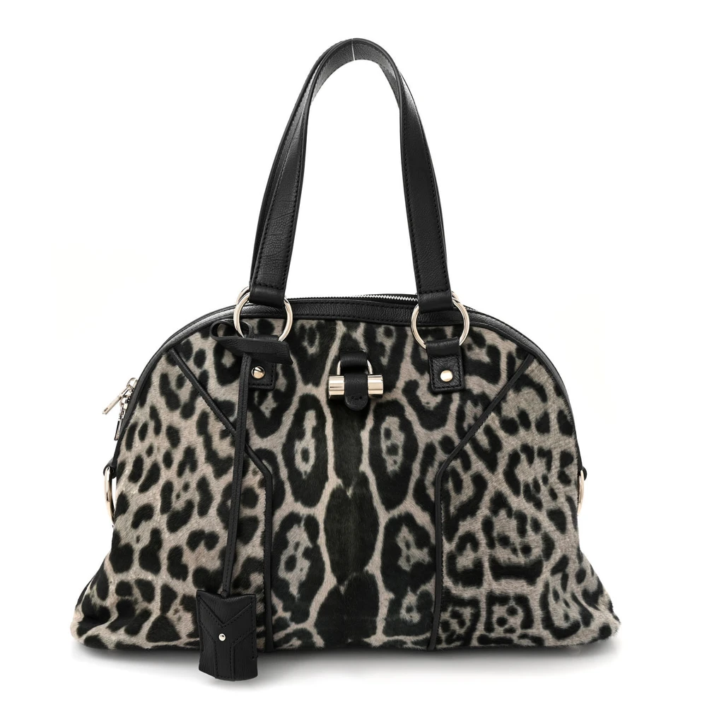 Saint Laurent Black Leopard Print Calf Hair Large Muse Silver Hardware Front replica handbag