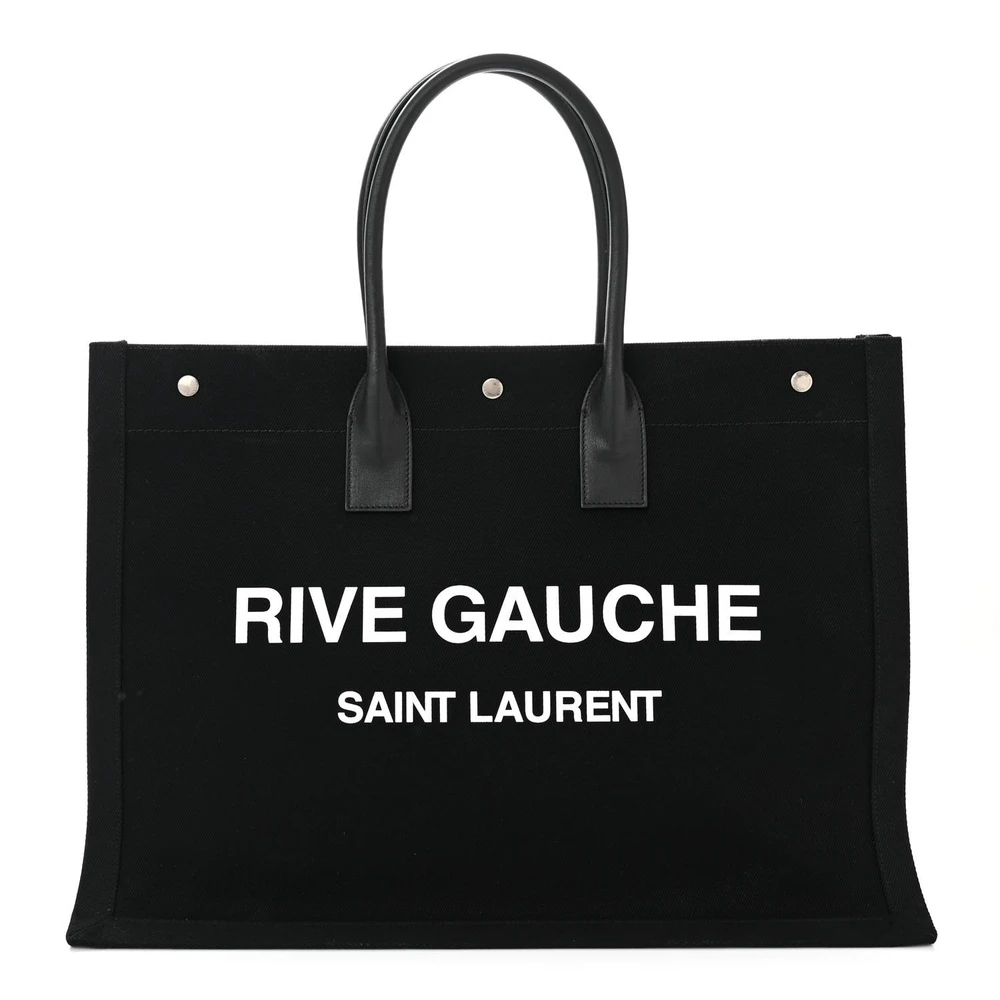 Saint Laurent Black Linen & Calfskin Leather Large Rive Gauche Tote Front replica handbag