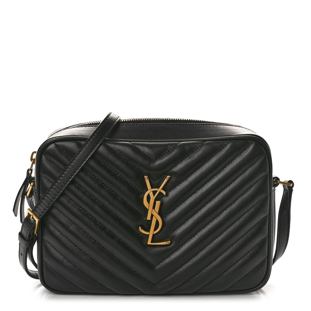 Saint Laurent Black Monogram Calfskin Matelasse Leather Medium Lou Camera Bag Aged Gold Hardware Front replica handbag