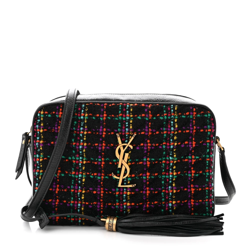 Saint Laurent Black Monogram Tweed & Calfskin Leather Medium Lou Camera Bag Brass Hardware Front replica handbag