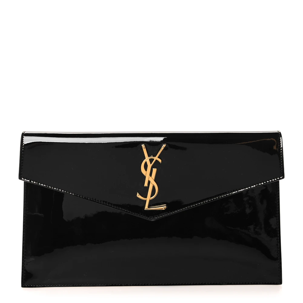 Saint Laurent Black Patent Monogram Calfskin Leather Medium Uptown Clutch Gold Hardware Front replica handbag