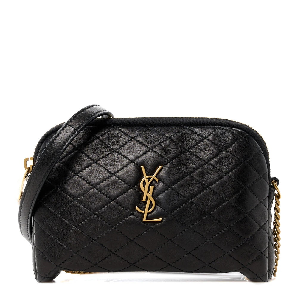 Saint Laurent Black Quilted Lambskin Leather Mini Gaby Zipped Pouch Aged Gold Hardware Front replica handbag
