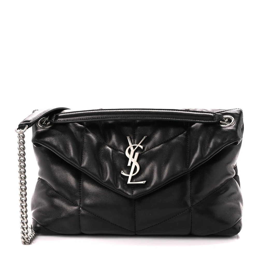 Saint Laurent Black Quilted Puffer Monogram Lambskin Leather Small Loulou Chain Satchel Silver Hardware Front replica handbag