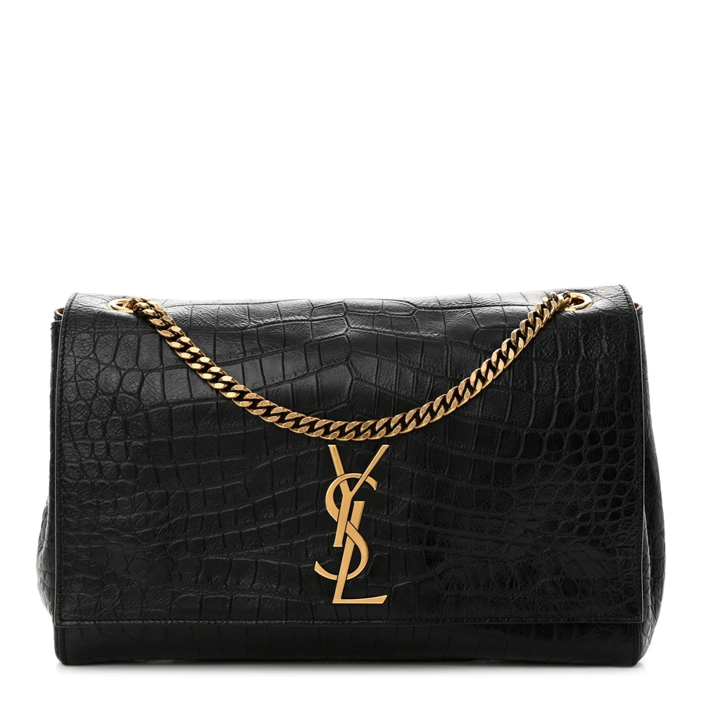 Saint Laurent Black Reversible Embossed Monogram Calfskin & Crocodile Leather Medium Kate Satchel Aged Gold Hardware Front replica handbag