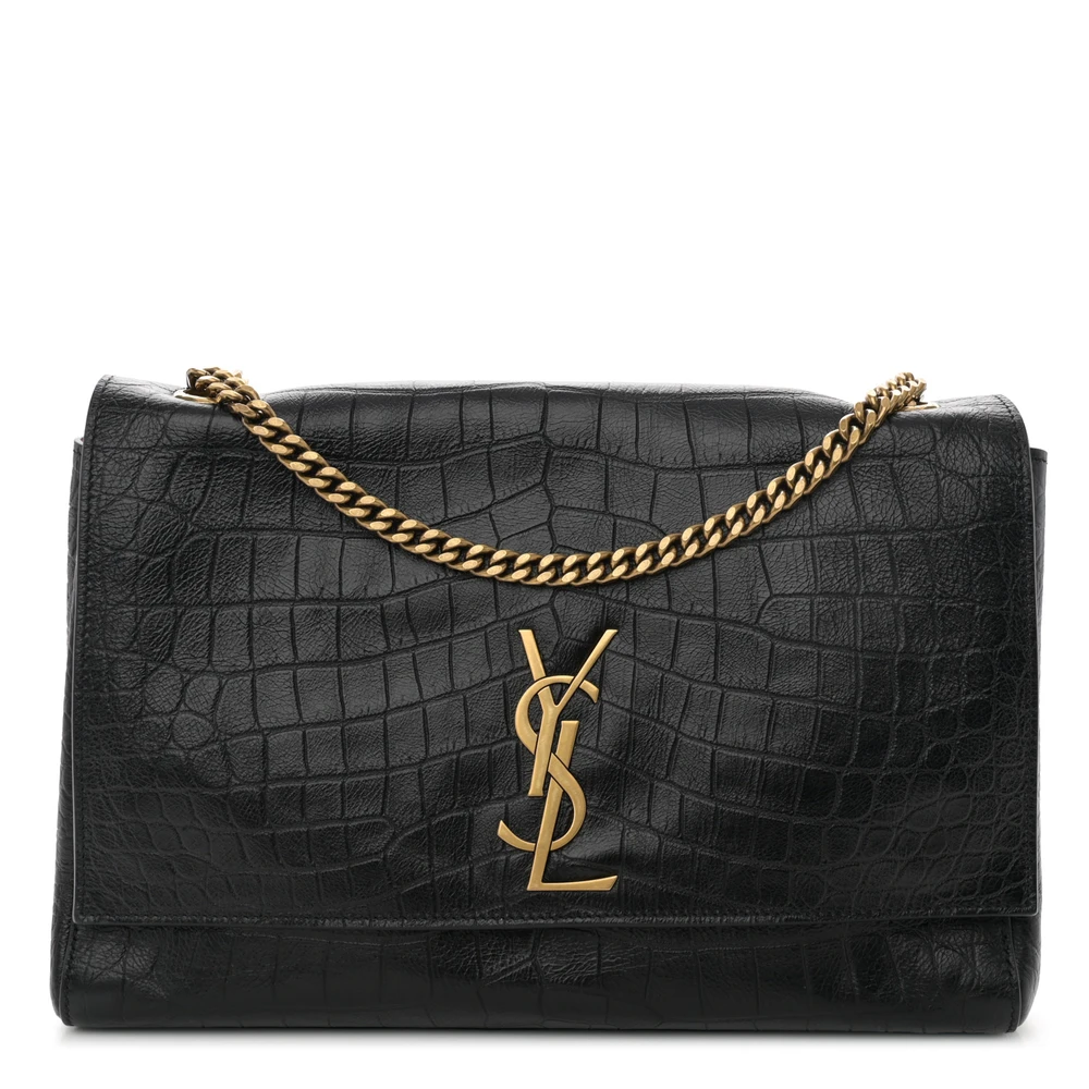 Saint Laurent Black Reversible Monogram Smooth Calfskin Leather & Suede Medium Kate Satchel Aged Gold Hardware Front replica handbag