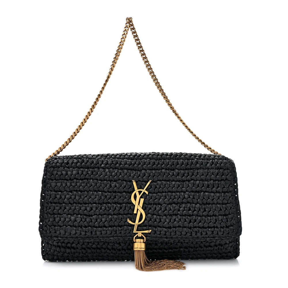 Saint Laurent Black Tassel Monogram Raffia Medium Kate 99 Gold Hardware Front replica handbag