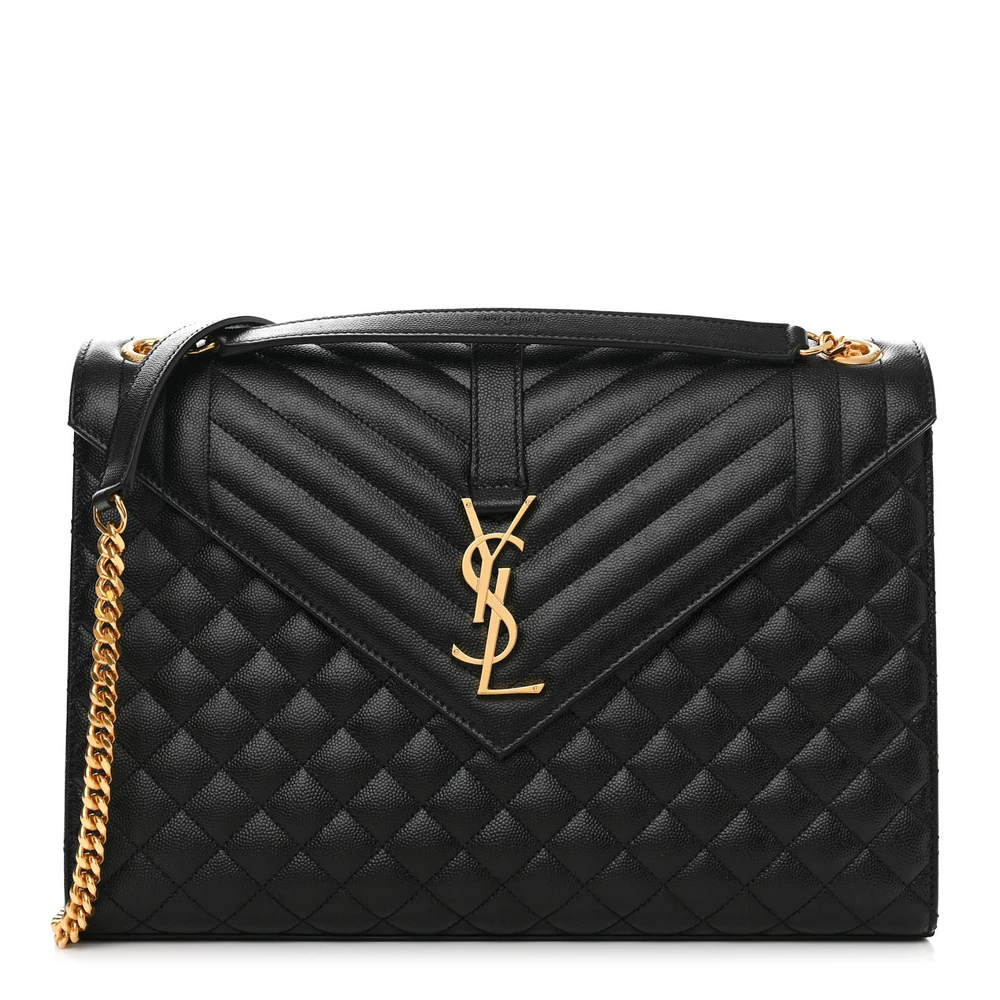 Saint Laurent Black Triquilt Monogram Grain De Poudre Textured Mixed Matelasse Leather Large Satchel Gold Hardware Front replica handbag