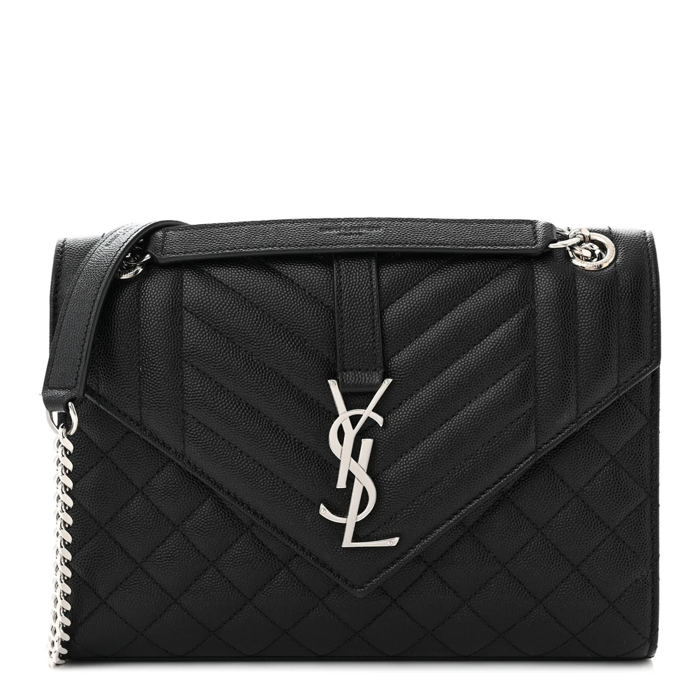 Saint Laurent Black Triquilt Monogram Grain De Poudre Textured Mixed Matelasse Leather Medium Satchel Silver Hardware Front replica handbag