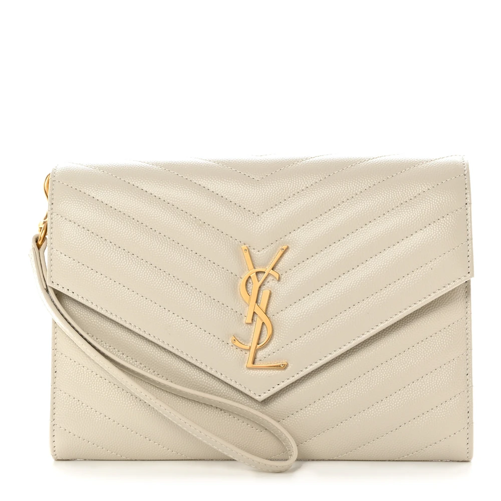 Saint Laurent Blanc Vintage Chevron Monogram Grain De Poudre Matelasse Leather Medium Envelope Clutch Gold Hardware Front replica handbag