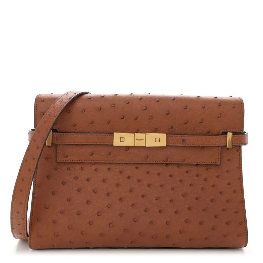 Saint Laurent Cognac Ostrich Leather Small Manhattan Shoulder Bag Brass Hardware Front replica handbag