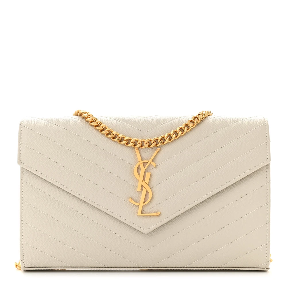 Saint Laurent Crema Soft Chevron Monogram Grain De Poudre Matelasse Leather Small Chain Wallet Gold Hardware Front replica handbag