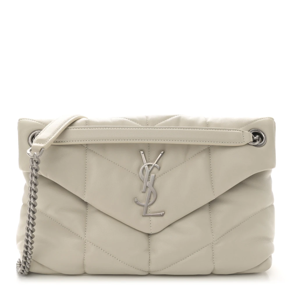 Saint Laurent Crema Soft Quilted Puffer Monogram Lambskin Leather Mini Loulou Chain Satchel Aged Gold Hardware Front replica handbag
