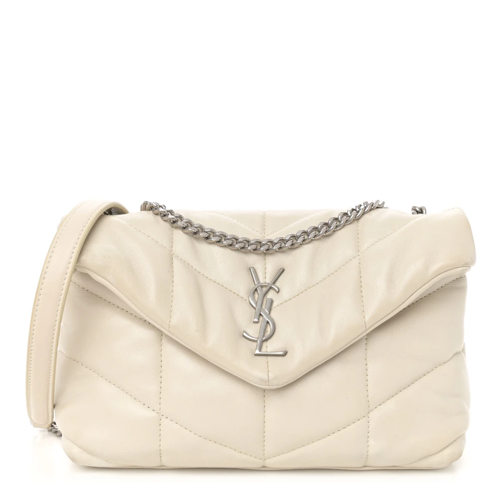 Saint Laurent Crema Soft Quilted Puffer Monogram Lambskin Leather Mini Loulou Chain Satchel Silver Hardware Front replica handbag